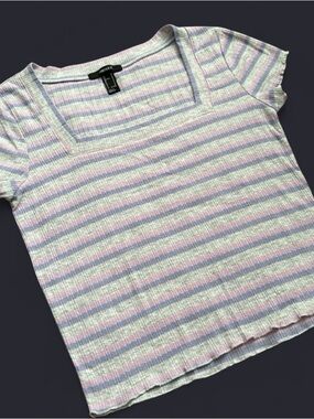 Heather Grey Pastel Striped Square Neck Tee